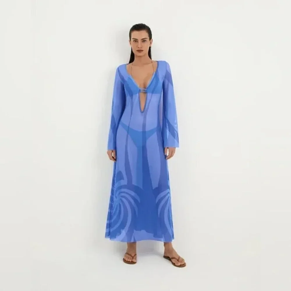 New Caroline Constas Blue Long Tunic Kaftan Beach Swim Cover-Up XS NWT